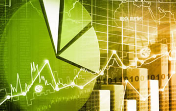 A montage of a pie chart, line graph, bar charts, numbers, binary code, and a map with the continent of Africa visible with the words "stock market" on it.